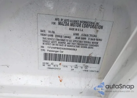 2006 Mazda Mazda6 S Grand Touring z USA, uszkodzony, nr VIN 1YVHP80DX65M60563